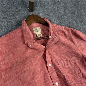 L.L.Bean Mens Short Sleeve Button Down Shirt Medium Tall Red Cotton Casual